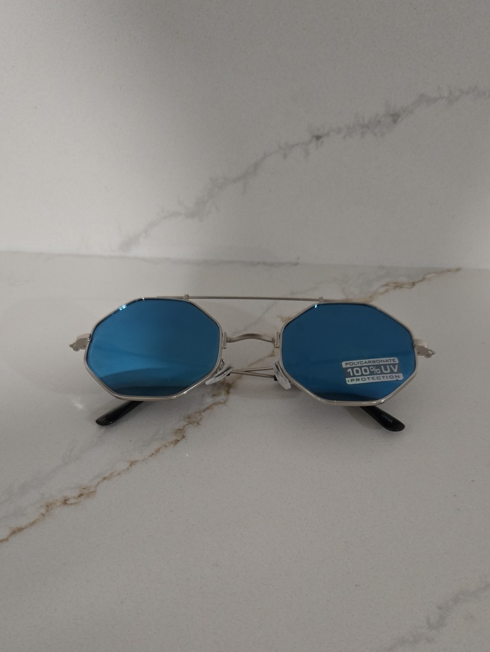 Octagonal Blue Lens Silver Frame Sunglasses